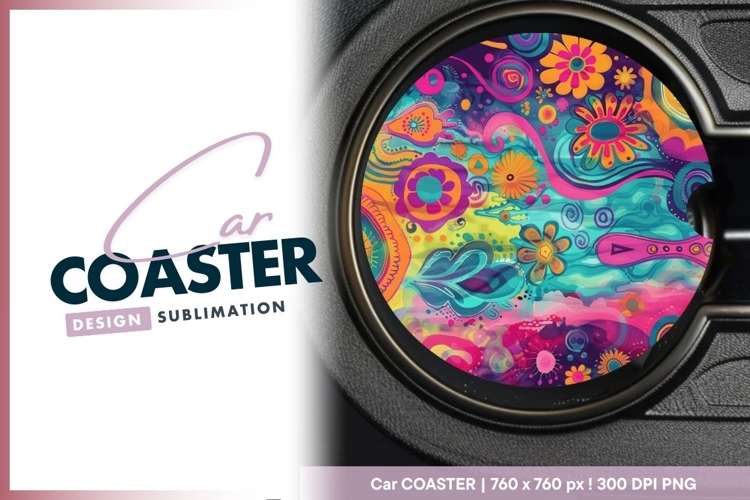 Vibrant psychedelic flower power round car coaster