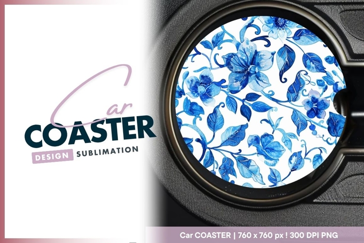 Blue floral watercolor design round car coaster