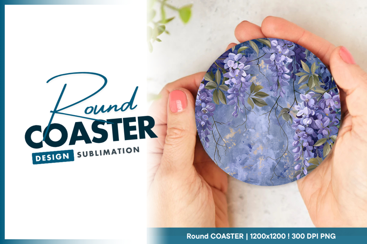 Purple wisteria flower branches round coaster design example image 1