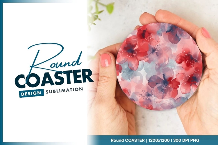 Watercolor Floral Pattern in Red and Blue on Round Coaster