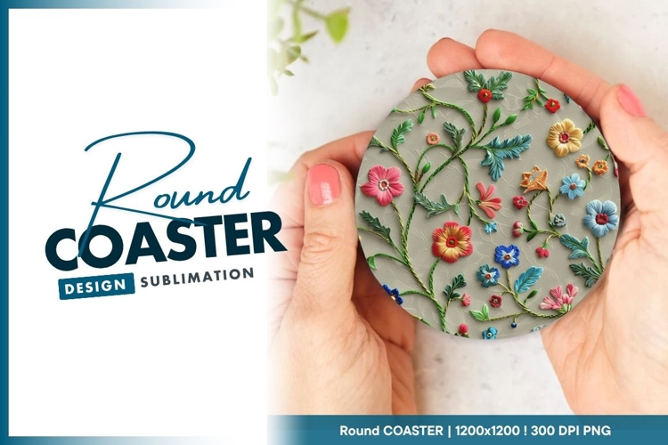 Embroidered Floral Design in a Round Coaster