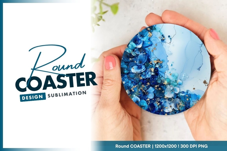 Blue Floral Alcohol Ink Round Coaster Design