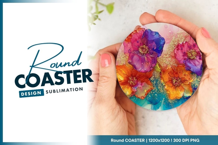 Colorful Alcohol Ink Flowers Round Coaster