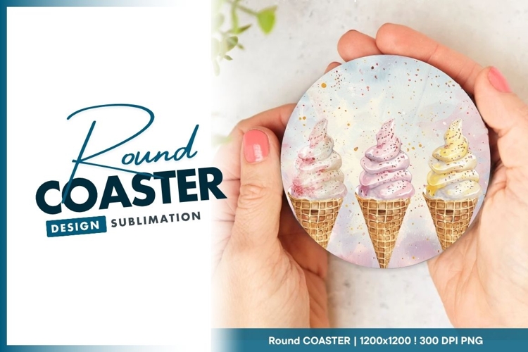 Watercolor Ice Cream Cones Round Coaster Design