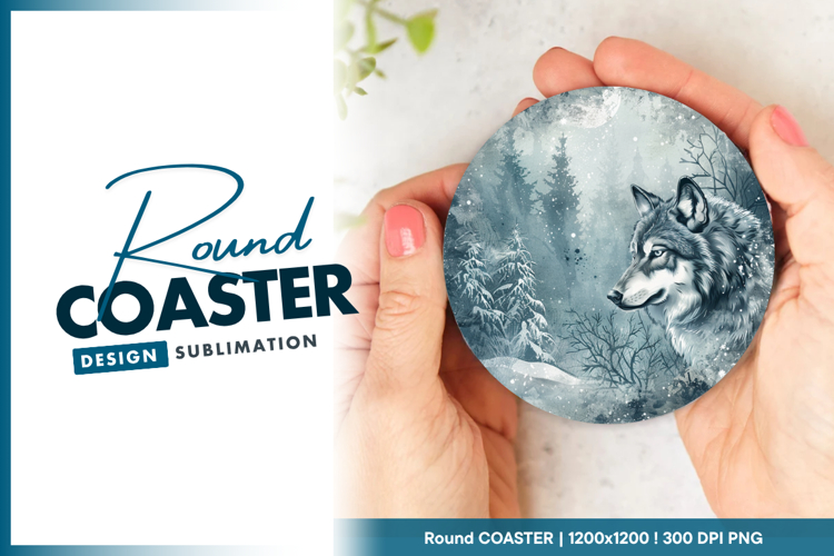 Wolf portrait in winter forest scene round coaster png
