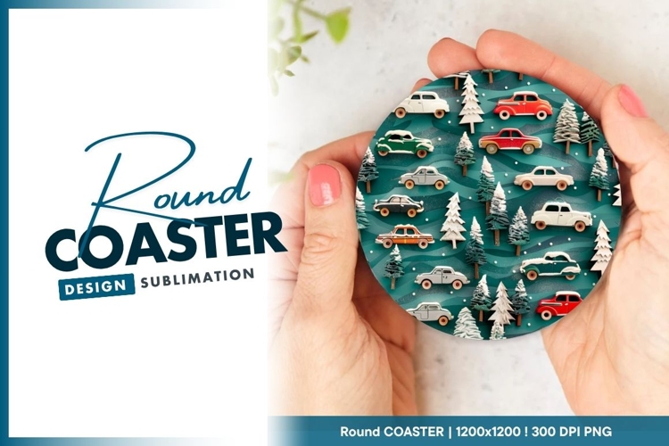 Christmas Cars And Snowy Trees Round Coaster