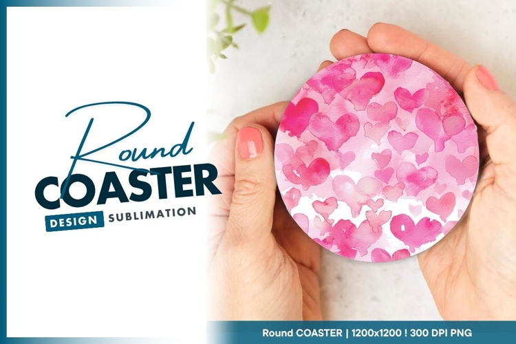 Pink Watercolor Hearts Round Coaster Design