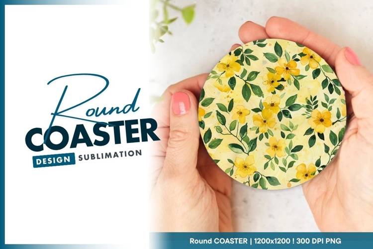 Yellow Floral Watercolor Seamless Round Coaster Design