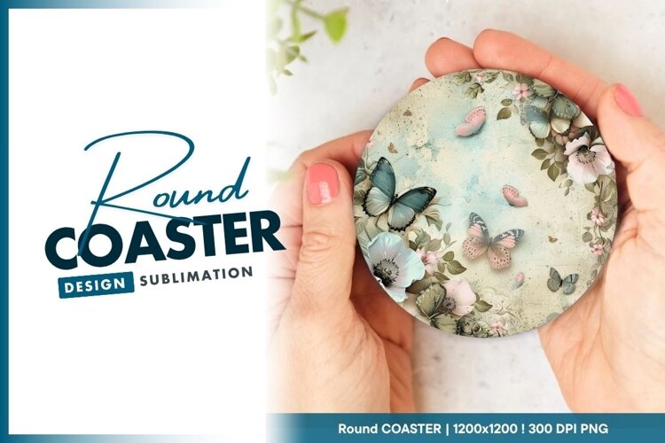 Butterflies And Floral Round Coaster Design example image 1