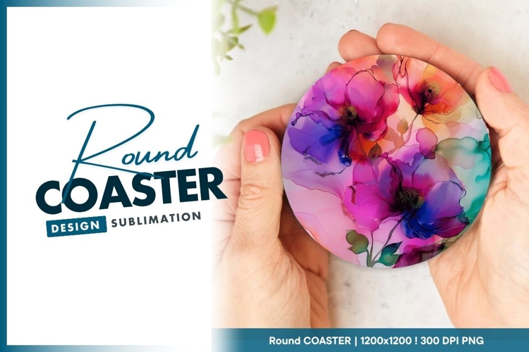 Floral Ink Effect Artwork Round Coaster