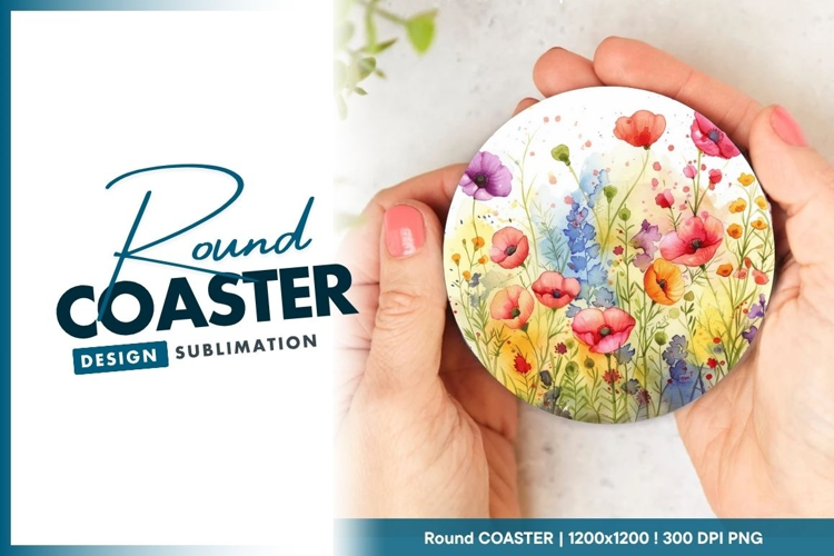 Watercolor Flower Meadow Round Coaster Design
