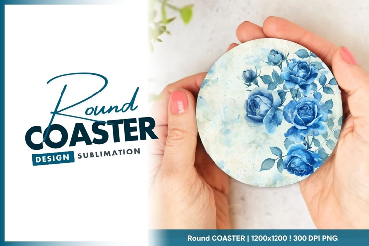 Blue Rose Watercolor Floral Round Coaster