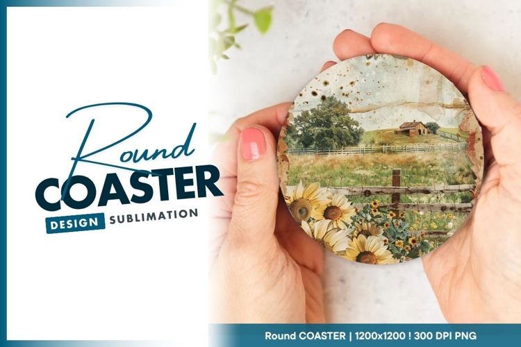 Sunflower Farmhouse Scene Round Coaster