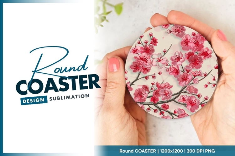 Pink Cherry Blossom Floral Round Coaster