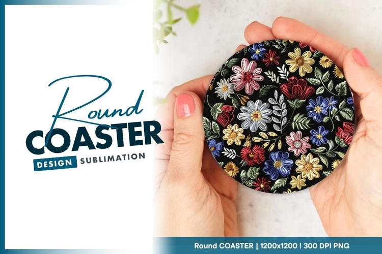 Colorful Embroidered Flowers On A Black Round Coaster
