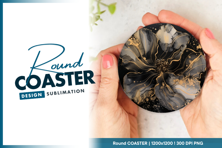 Elegant black and gold flower round coaster png