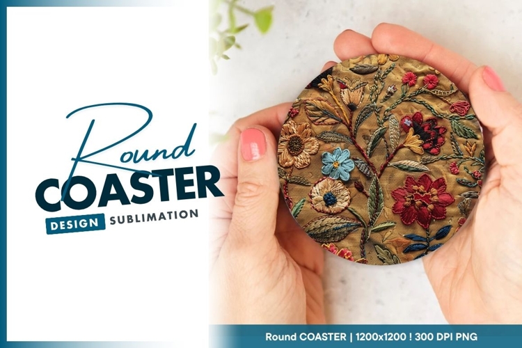 Embroidered Floral Design on Round Coaster Png