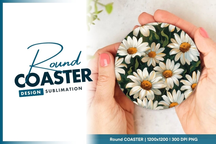Daisy Flower Field Illustration in a Round Coaster Png