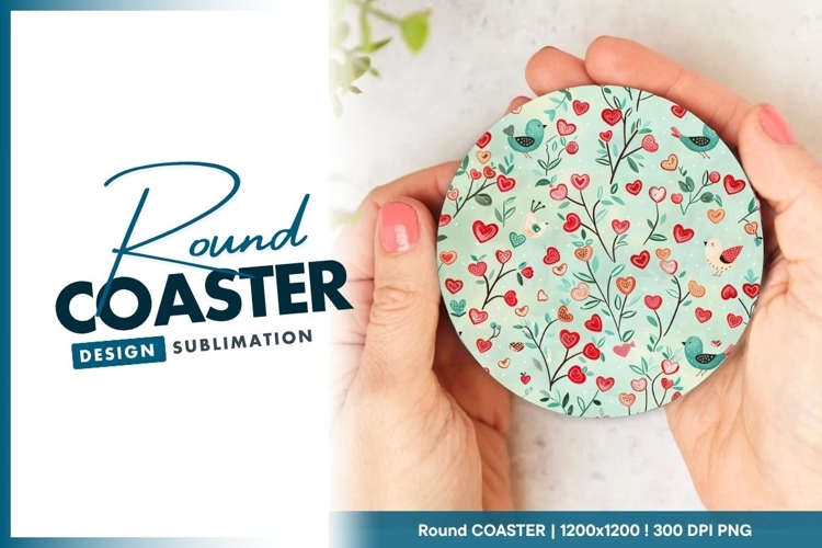 Heart Flowers and Birds on Light Blue Round Coaster Png