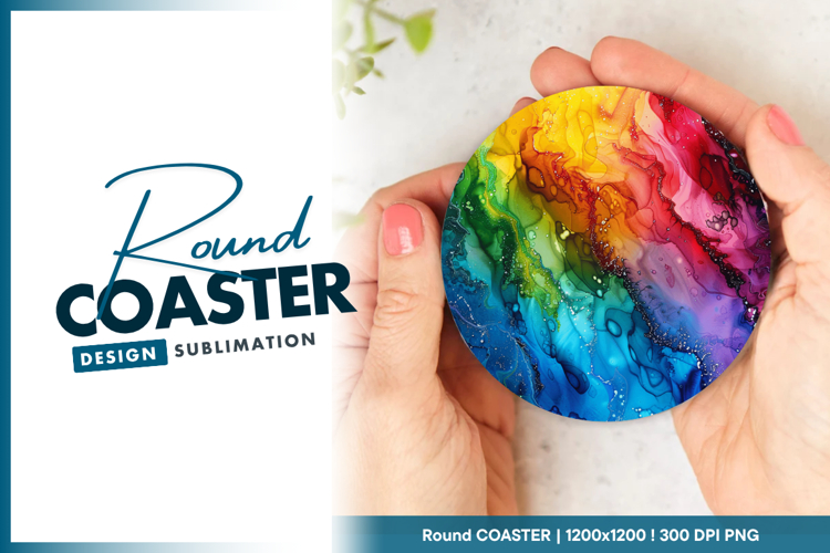 Rainbow colored ink abstract background round coaster png