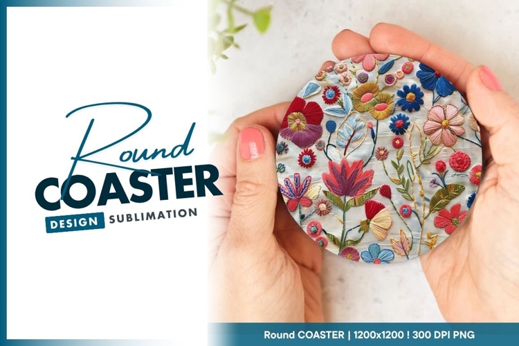 Colorful Embroidered Floral Design on White Round Coaster