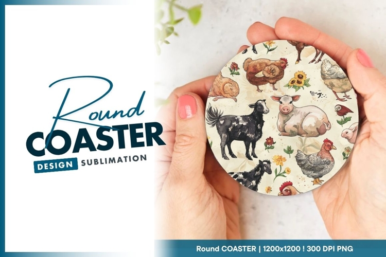 Watercolor Farm Animals Illustration on a Round Coaster Png
