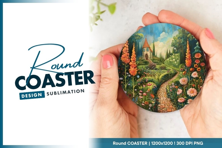 Whimsical Garden Scene with Stone Round Coaster Png