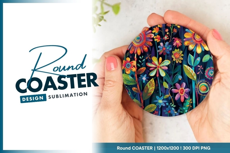 Colorful Floral Illustration in a Round Coaster Png
