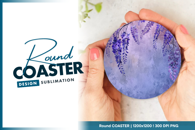 Purple wisteria blossoms on textured wall round coaster