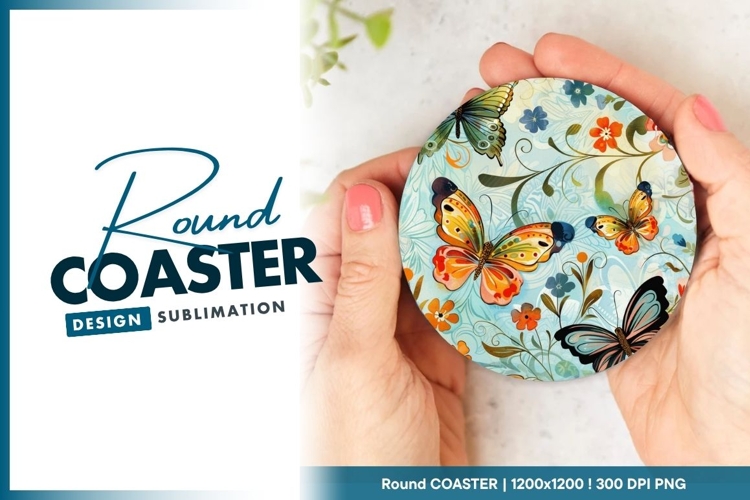 Colorful Butterflies and Floral Pattern on a Round Coaster