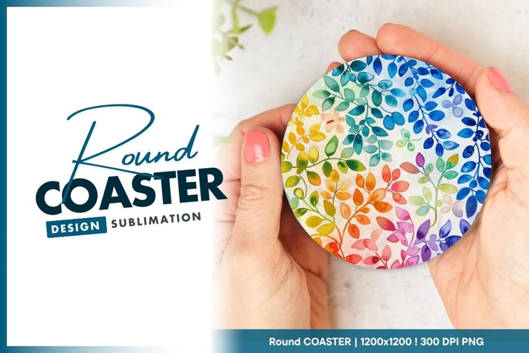 Watercolor Rainbow Leaves and Branches on Round Coaster Png