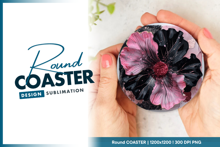 Black and pink floral resin art round coaster