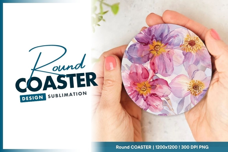Watercolor Floral Design with Purple Round Coaster Png