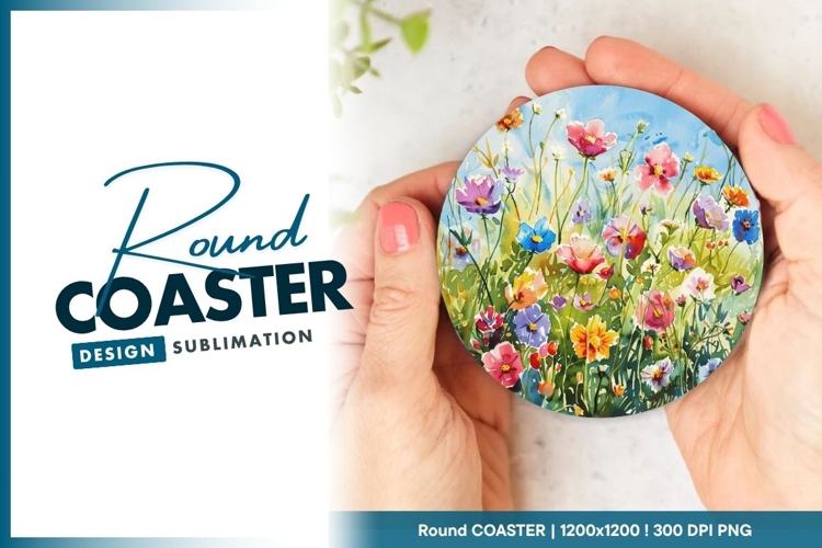 Watercolor Floral Field in a Circular Round Coaster Png
