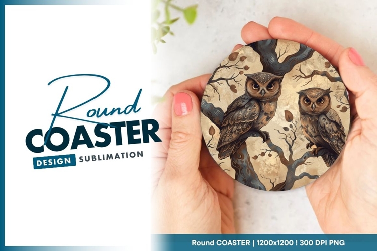 Two Owls Perched on Branches Illustration Round Coaster Png