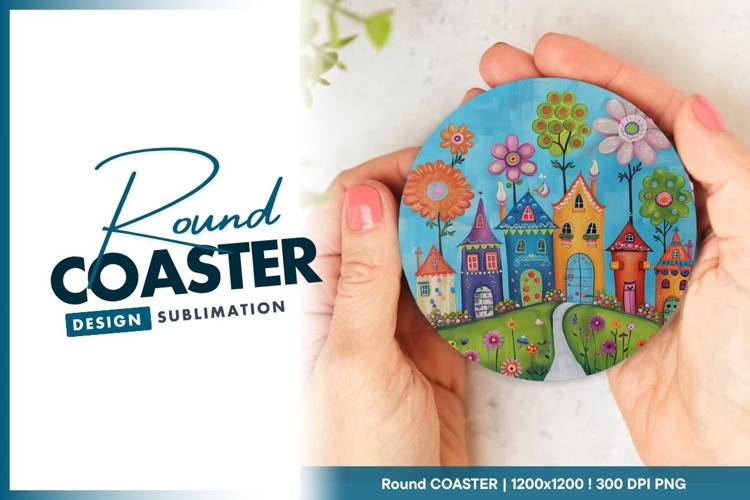 Whimsical Colorful Houses and Flowers Round Coaster Png
