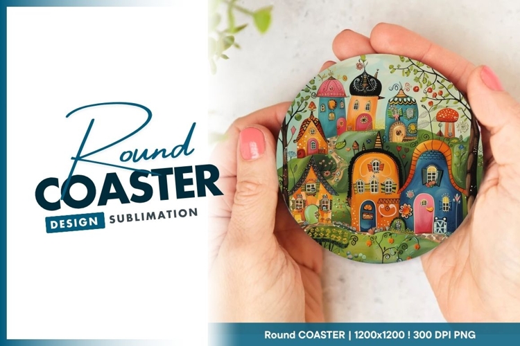 Whimsical Colorful Village Illustration with Round Coaster