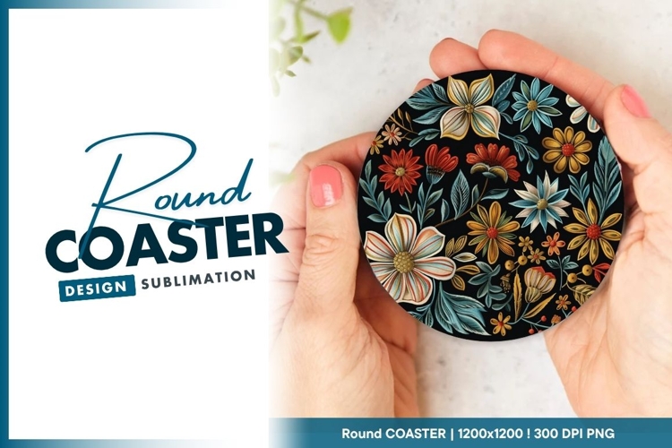Colorful Floral Pattern on Black Background Round Coaster example image 1