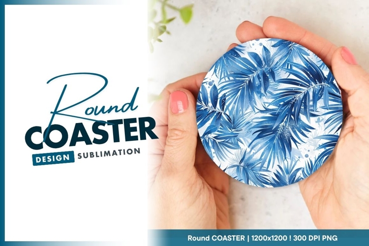 Blue Palm Leaf Pattern Round Coaster Png example image 1