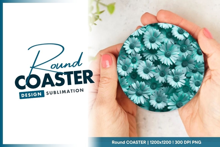 Teal Daisy Floral Pattern Round Coaster Png example image 1
