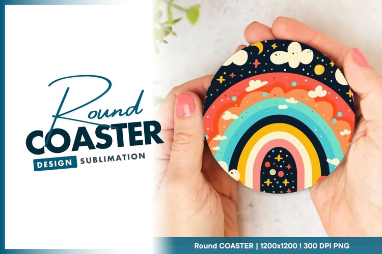 Colorful Rainbow with Clouds Stars and Round Coaster example image 1