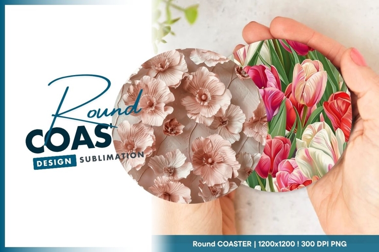 Round Tulip Floral Design in Red Pink and Round Coaster