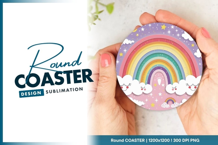 Colorful Rainbow and Clouds Illustration on Round Coaster example image 1