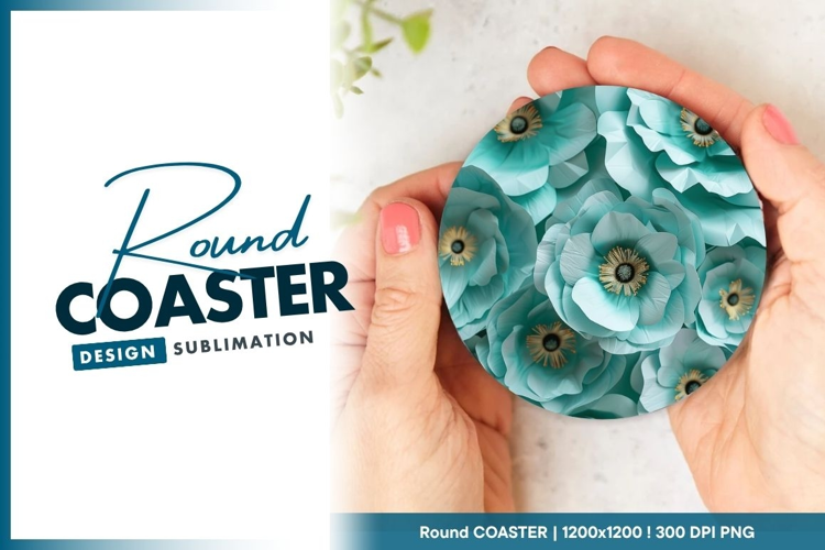 Teal Paper Flowers Arrangement Round Coaster Png