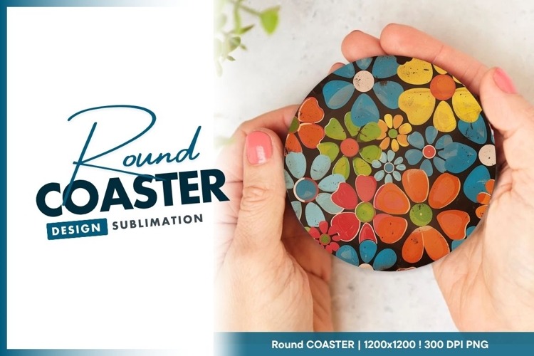 Colorful Floral Design on Round Coaster