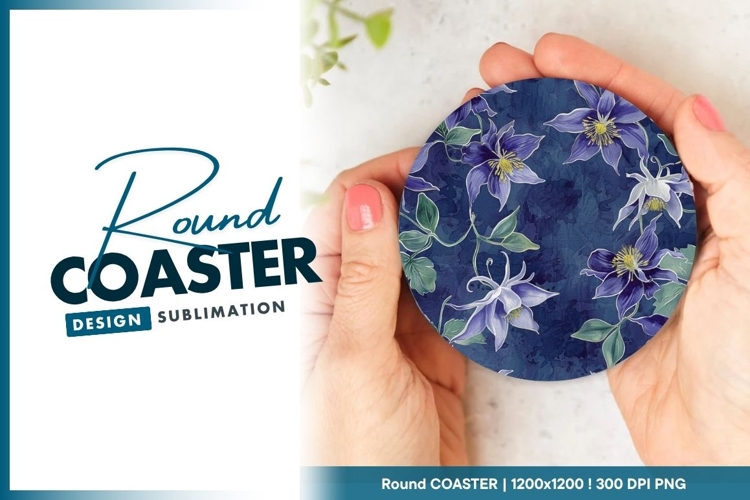 Watercolor Clematis Flowers on Dark Round Coaster Png