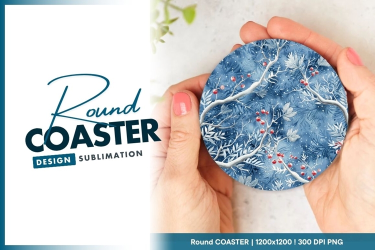 Watercolor Winter Scene with Berries Round Coaster Png
