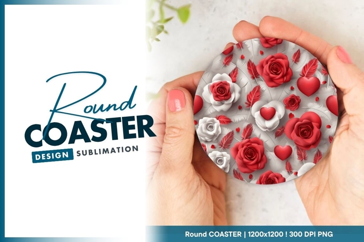 Red Roses Hearts and Feathers on Gray Round Coaster Png