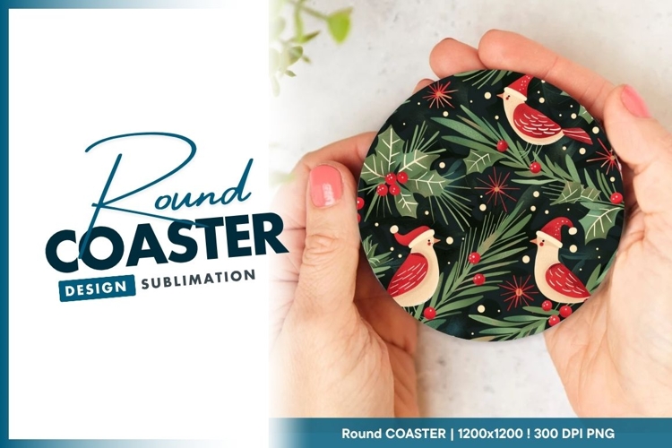 Christmas Birds in Santa Hats with Holly Round Coaster Png