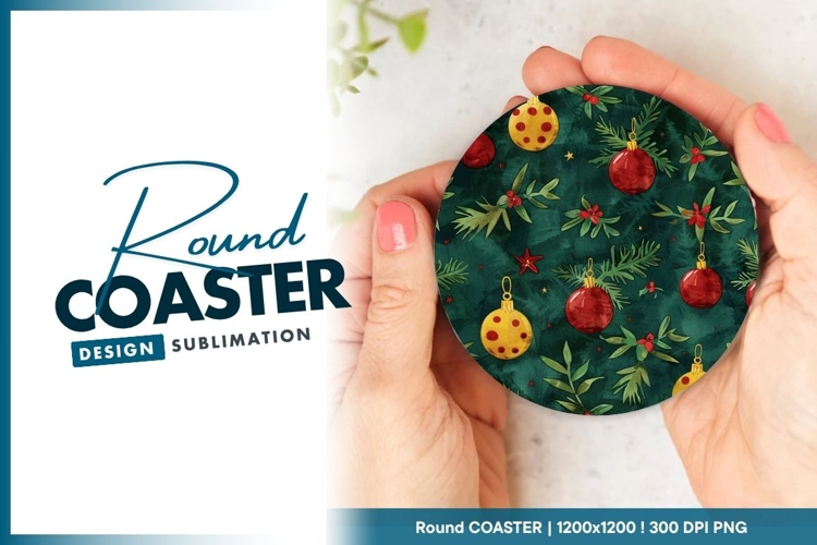 Christmas Ornament and Greenery Pattern Round Coaster Png